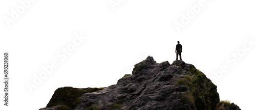 Adventure Man Hiker standing on top of Mountain Peak. Cutout on White Background. 3d Rendering PNG photo