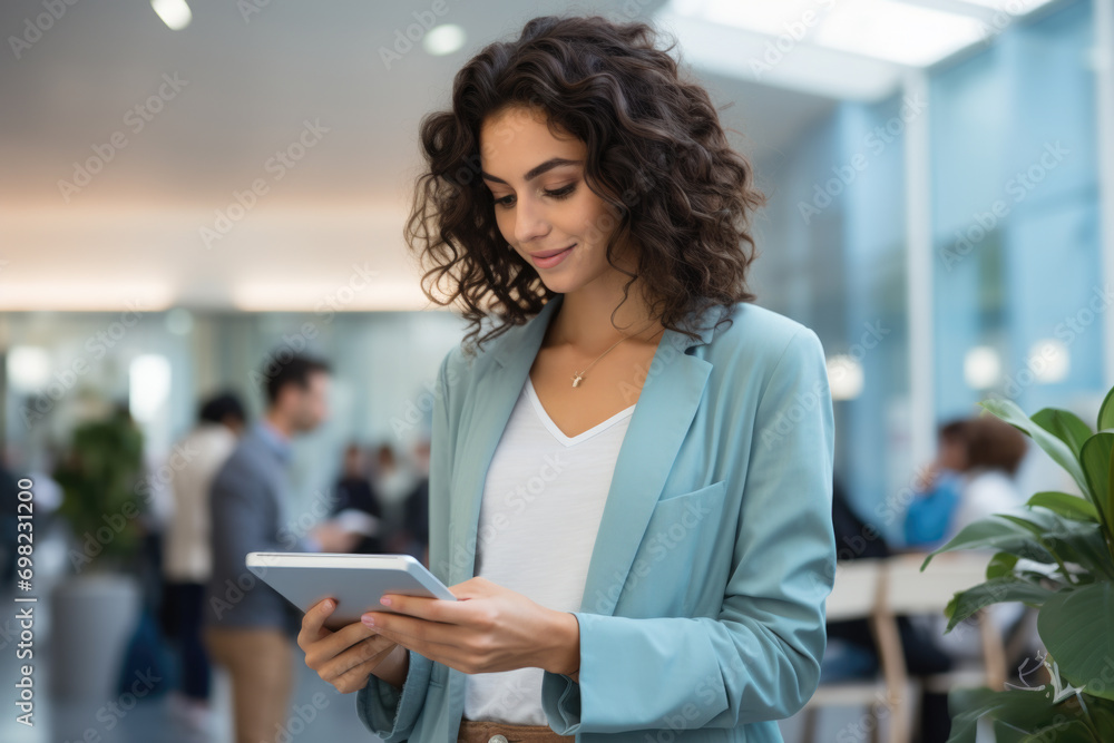 Woman wearing blue blazer is seen looking at tablet. This image can be used to depict professional or businesswoman using technology in modern workplace.