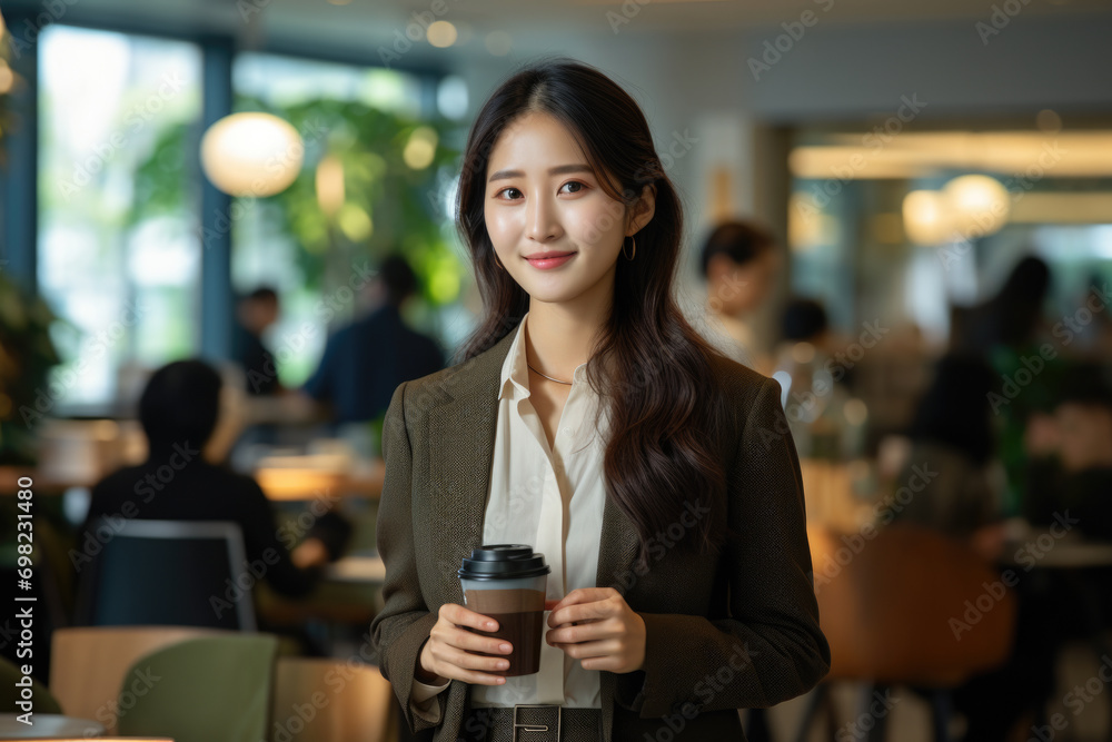 Woman is seen holding cup of coffee in restaurant. This image can be used to depict relaxing coffee break or cozy atmosphere in cafe. Woman is seen holding cup of coffee in restaurant. This image can be used to depict relaxing coffee break or cozy atmosphere in cafe.