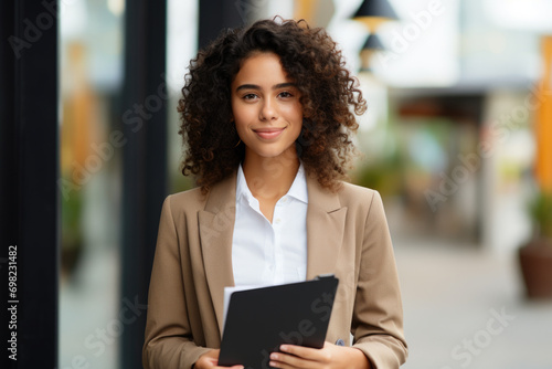Professional woman in business suit holding folder. Ideal for business and office-related concepts.