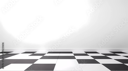A white wall with a black and white floor and a white wall with a black and white floor and a white wall