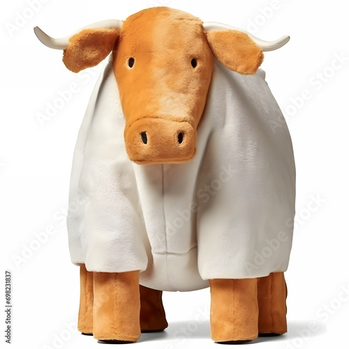 Cow plushie doll isolated on white background with shadow reflection. Cow plush stuffed puppet on white backdrop. Cow toy for children.