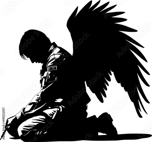 Military angel soldier with wings kneeling silhouette vector. AI generated illustration.