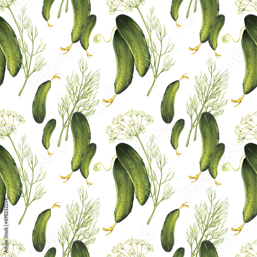 Cucumbers. Seamless pattern of green fresh vegetables and aromatic herbs. Gardening and cooking. Watercolor illustration of summer harvest. For background design, textiles, packaging