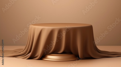 Round table covered in brown cloth. Versatile and suitable for various settings.