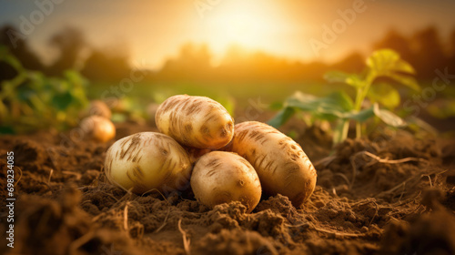 Potato tubers lying on the ground next to a bed of dug potatoes