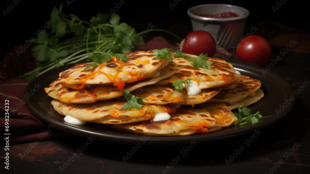 Plate of delicious flatbreads topped with combination of cheese and fragrant herbs. Perfect for quick and tasty snack or appetizer. . Plate of delicious flatbreads topped with combination of cheese and fragrant herbs. Perfect for quick and tasty snack or appetizer. .