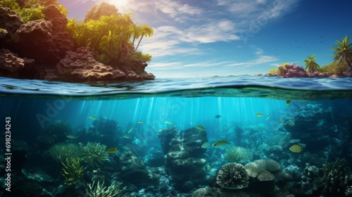 coral reef and diver in the sea and island in the top blue water green land beautiful landscap