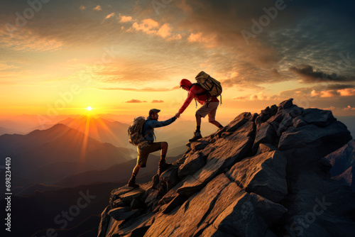 a mountaineer helps his friend reach the top of the mountain © Cecilia