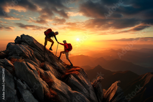 a mountaineer helps his friend reach the top of the mountain photo