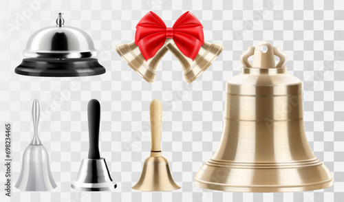 Set of different bells, gold and silver bells, hotel service bell, Christmas bells with red bow, hand bell with wooden handle isolated on transparent background. Realistic 3D vector illustration. photo