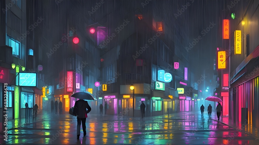 Back view of a man walking in the rain with an umbrella against a neon background. This close-up photo indicates that man is walking in the rain and how is the weather great