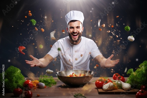 Portrait of a beautiful joyful man surrounded by fresh juicy vegetables