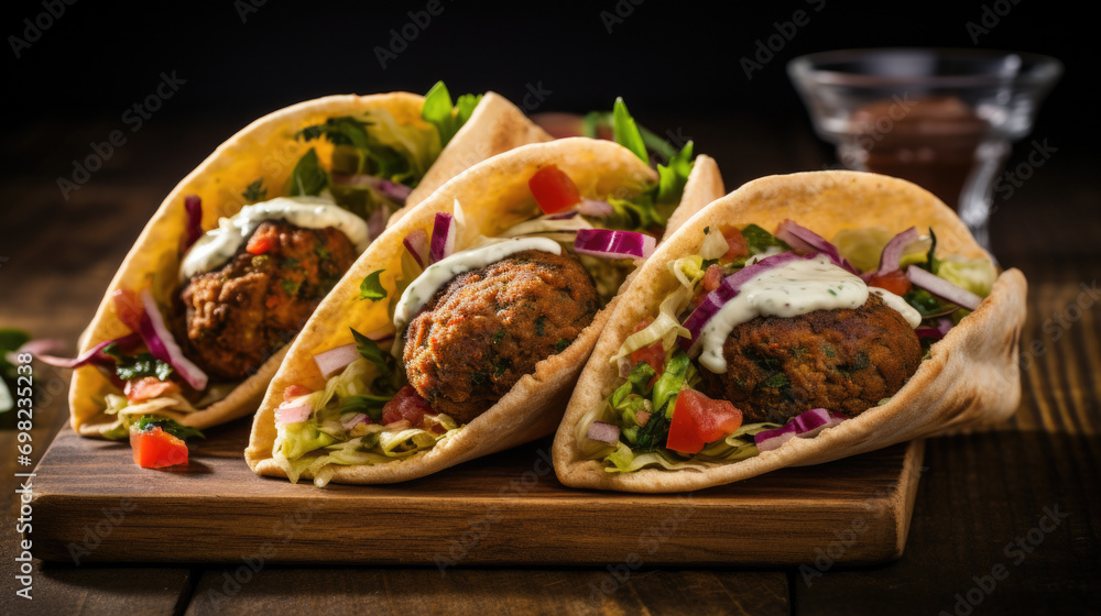 Wooden tray with three mouth-watering tacos filled with savory meat. Perfect for food enthusiasts and restaurant promotions. Wooden tray with three mouth-watering tacos filled with savory meat. Perfect for food enthusiasts and restaurant promotions.