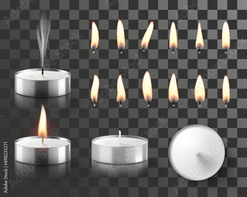 Set of Burning Tea candle and flames different shapes isolated on transparent background. Fire for fragrance lamp. Candlelight, tealight, aromatherapy, meditation. Realistic 3d Vector illustration.