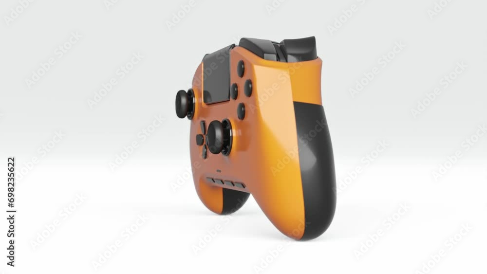 Realistic black video game joysticks or gamepads rotating on white background. 3D render of streaming gear for cloud gaming and gamer workspace concept Realistic black video game joysticks or gamepads rotating on white background. 3D render of streaming gear for cloud gaming and gamer workspace concept