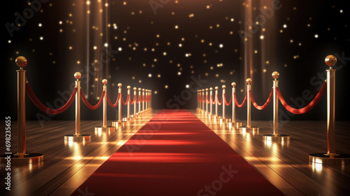 Luxurious red carpet with gold poles and red ropes. Perfect for events and VIP entrances. photo