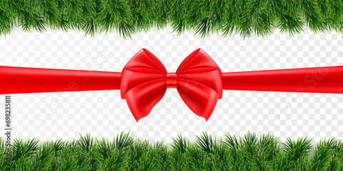 Christmas tree branches with a red bow. New year holiday decoration element - spruce tree with ribbons bow, Isolated on transparent background. Pine, xmas evergreen plants. Realistic 3d vector photo