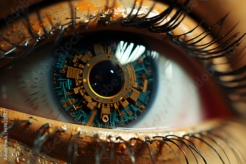 Sensor camera implanted into human cyborg eye. Concept futuristic sci-fi circuit board.