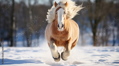 Powerful horse running through snow-covered forest. Perfect for winter-themed designs and outdoor adventure concepts.