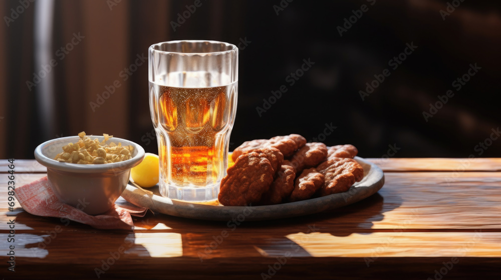 Plate of food and glass of beer on table. Suitable for restaurant menus and food and beverage promotions. Plate of food and glass of beer on table. Suitable for restaurant menus and food and beverage promotions.