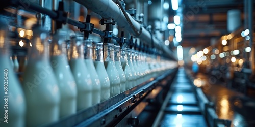 A line of milk bottles on a conveyor belt. photo