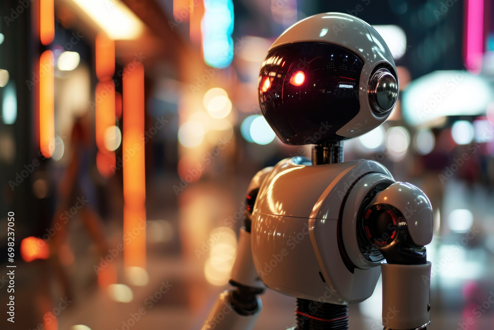 Portrait of a robot in the modern world with neon collagen light Portrait of a robot in the modern world with neon collagen light