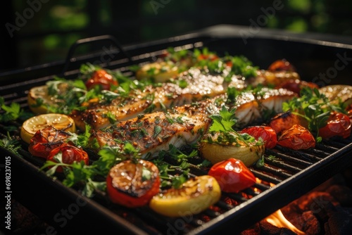 Appetizing grilled fish with grilled vegetables