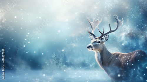 Deer standing in snow in forest. Perfect for nature-themed designs and winter-related projects.