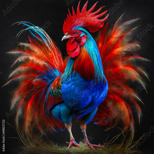 A full body portrait of a extremely vibrant red and blue male rooster. © Frank