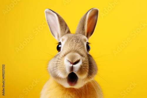surprised rabbit on solid yellow background