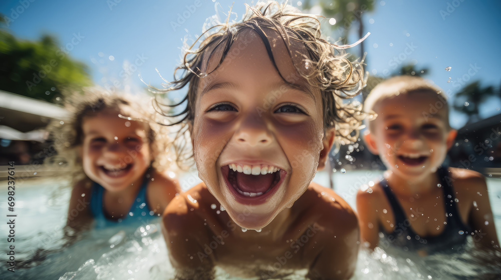 little laughing children playing in a water park, a child splashing in a summer outdoor pool, portrait, toddler, kid, person, entertainment, vacation, emotional face, smile, joy, happiness - obrazy, fototapety, plakaty 