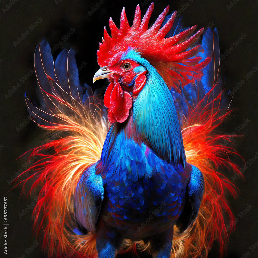  A full body portrait of a extremely vibrant red and blue male rooster with all its red feathers