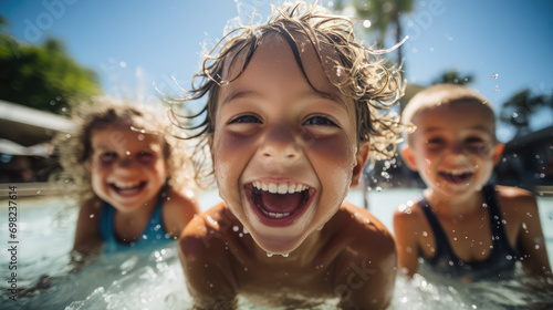 little laughing children playing in a water park, a child splashing in a summer outdoor pool, portrait, toddler, kid, person, entertainment, vacation, emotional face, smile, joy, happiness © Julia Zarubina