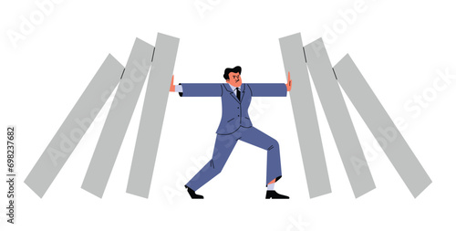 Confident businessman use hand to stop domino fall, crisis management, manage disaster situation, leadership in crisis