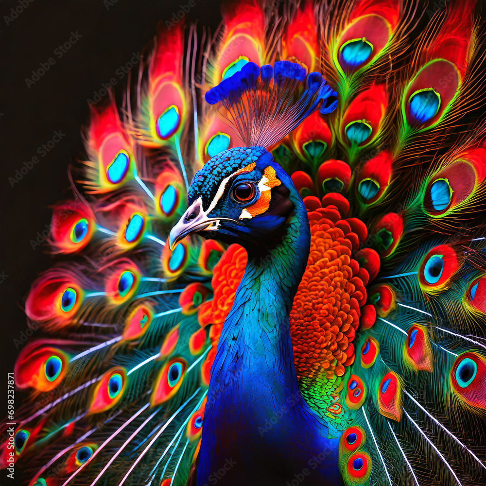 A full body portrait of a extremely vibrant red and blue peacock with all its red feathers A full body portrait of a extremely vibrant red and blue peacock with all its red feathers