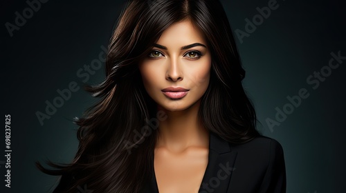 Beautiful female face with powerful silky hair and chic hairstyle. Perfect image of a beautiful brunette woman. Feminine image of natural beauty. Illustration for beauty and fashion magazine.