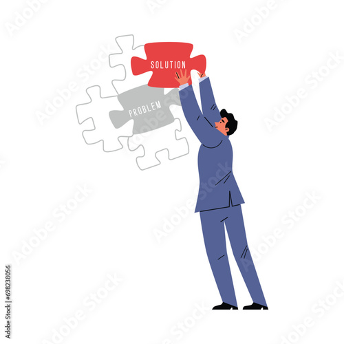 Smiling man puts together puzzle problem and solution flat style