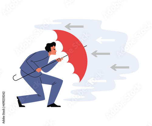 Businessman with opened red umbrella protects against arrows flat style