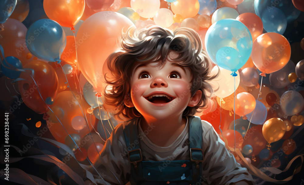 Childish Cheer: Happy Child Among Balloons and Confetti.