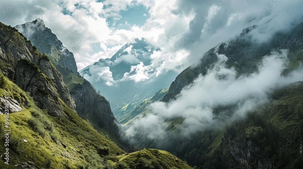 Clouds gracefully hover over the mountain valley. Atmospheric landscape Clouds gracefully hover over the mountain valley. Atmospheric landscape