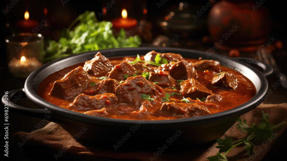 Delicious bowl of stew with tender meat and variety of colorful vegetables. Perfect for hearty meal or cozy dinner. .