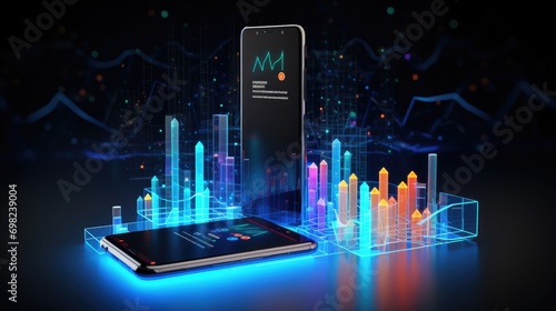 3d polygon model of a mobile phone, Futuristic Mobile Technology Background with growth and char bars, Background and Slides for business presentation, Mobile technology backdrop