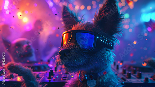 A dog with glasses at the best  year party, generative AI