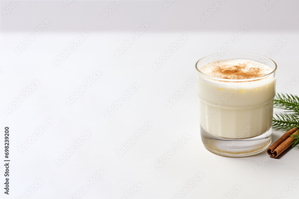 Eggnog or egg milk punch is traditional drink in Christmas season copy space, on white background Eggnog or egg milk punch is traditional drink in Christmas season copy space, on white background