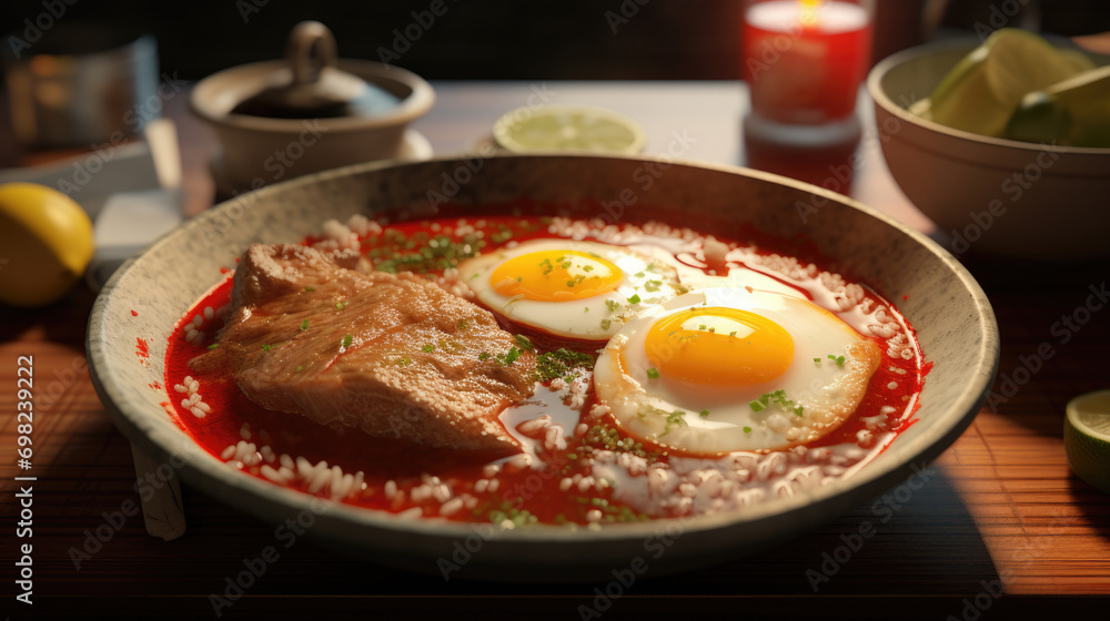 Bowl filled with delicious combination of eggs and rice, perfect for satisfying meal. Ideal for food blogs, recipe websites, or restaurant menus.