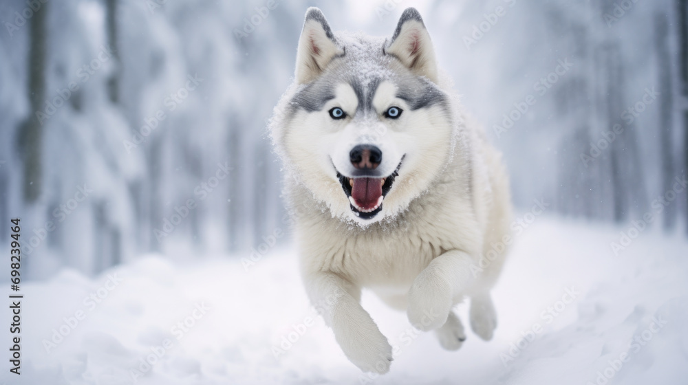 Husky dog ​​is captured in motion as it runs through snowy woods.