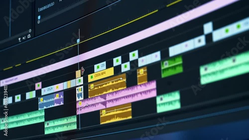 Video editing on a computer. Monitor the computer and capture the work of the program for video editing: the fragments are connected together. Video processing, postproduction, clip maker	
 photo