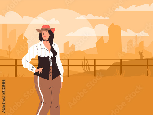 Beautiful cowgirl in desert landscape, American western rodeo swag cowgirl dressed in retro west style, canyon and sands