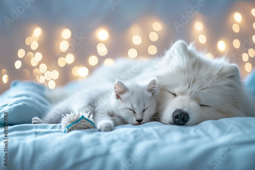 Cute white kitty and samoyed puppy friends sleeping at cozy Christmas home.. photo